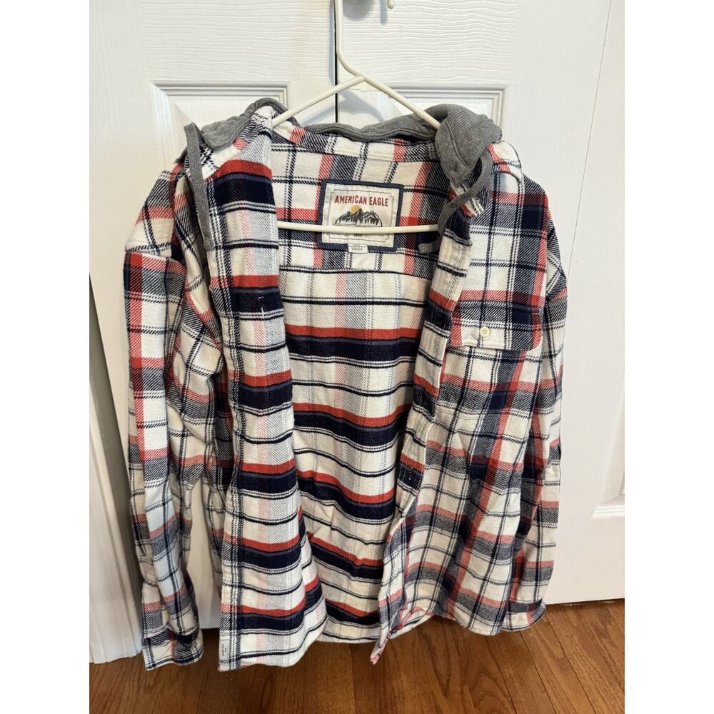 American Eagle Men's Hooded Flannel Shirt Size M Button-Up Orange Blue Gray